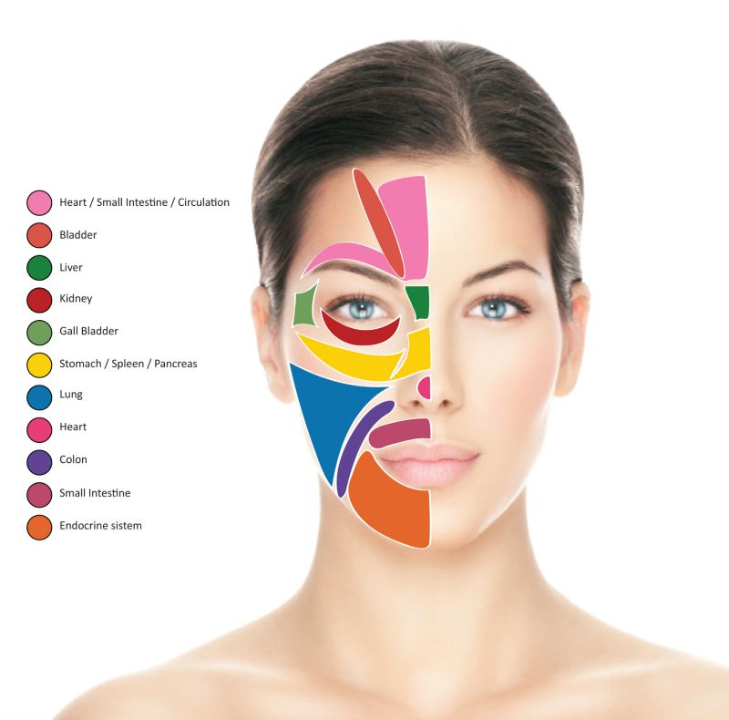 Esquema de los puntos reflejos del rostro (fuente: totalreflextherapy.com)