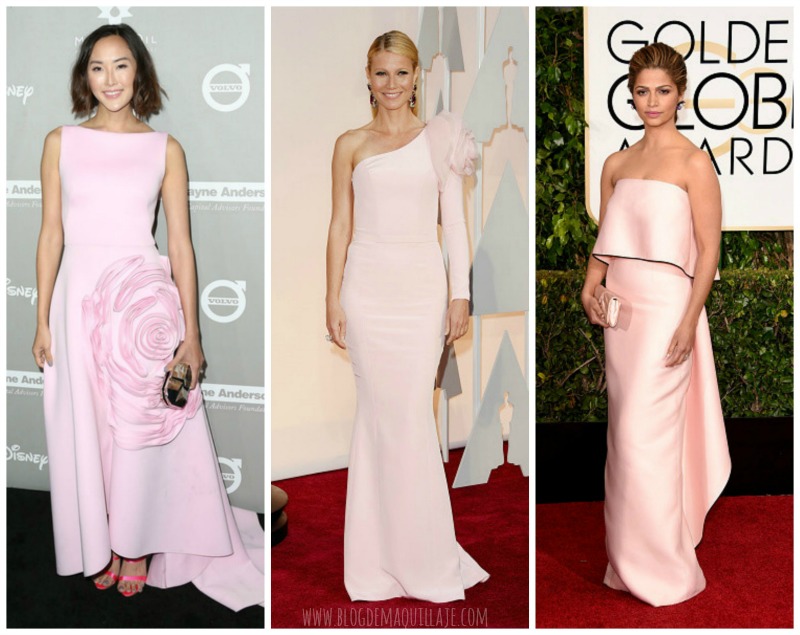 Las alfombras rojas de 2015 ya han visto muchos vestidos en tono rosa cuarzo: de izquierda a derecha Chriselle Lim, Gwyneth Paltrow y Camila Alves