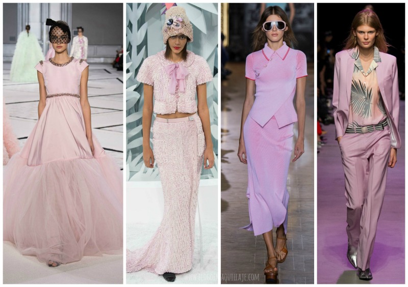 Las pasarelas de primavera 2016 han mostrado también el rosa cuarzo. De izquierda a derecha modelos de Giambattista Valli, Chanel, Stella McCartney y Paul&Joe