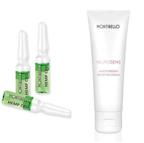Ampollas calmantes Hemp CBD de Montibello y crema para pieles sensibles Neurosens